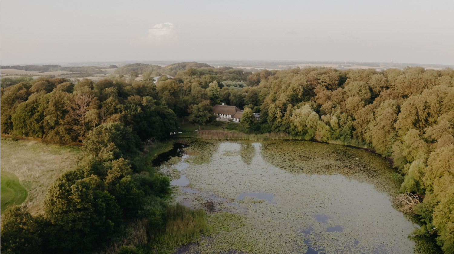 dronebillede på Herthadalen i Lejre med skov og sø